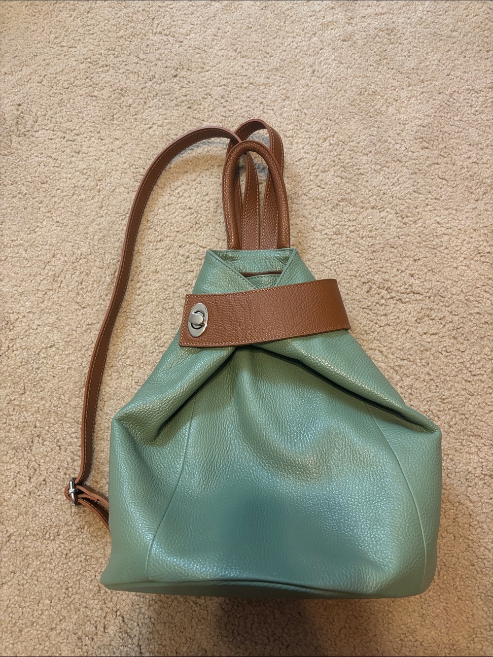 Two Toned Leather Backpack with Wrap Closure